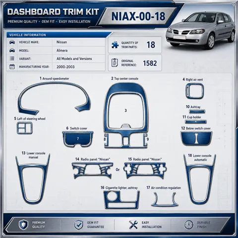 Nissan Almera 2000-2003 3D kit décoration intérieure tableau de bord 18 pièces