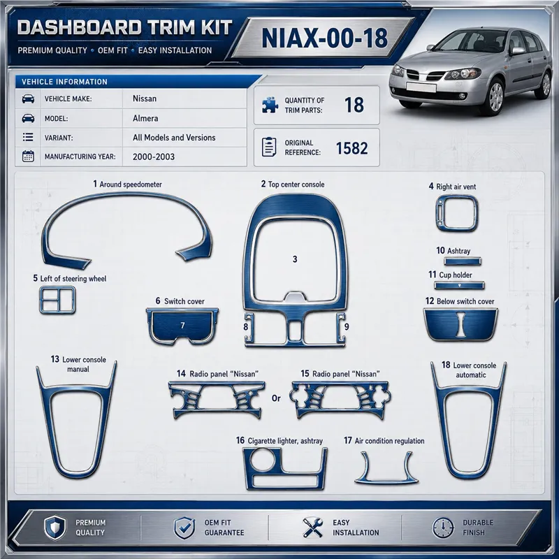 Nissan Almera 2000-2003 3D kit décoration intérieure tableau de bord 18 pièces