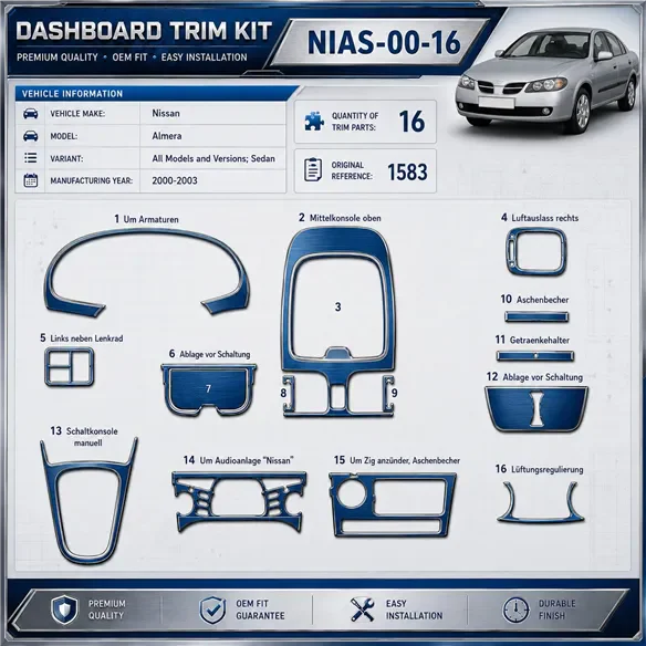 Nissan Almera Sedan 2000-2003 3D kit décoration intérieure tableau de bord 16 pièces