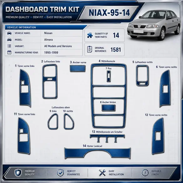 Nissan Almera 1995-1999 3D kit décoration intérieure tableau de bord 14 pièces