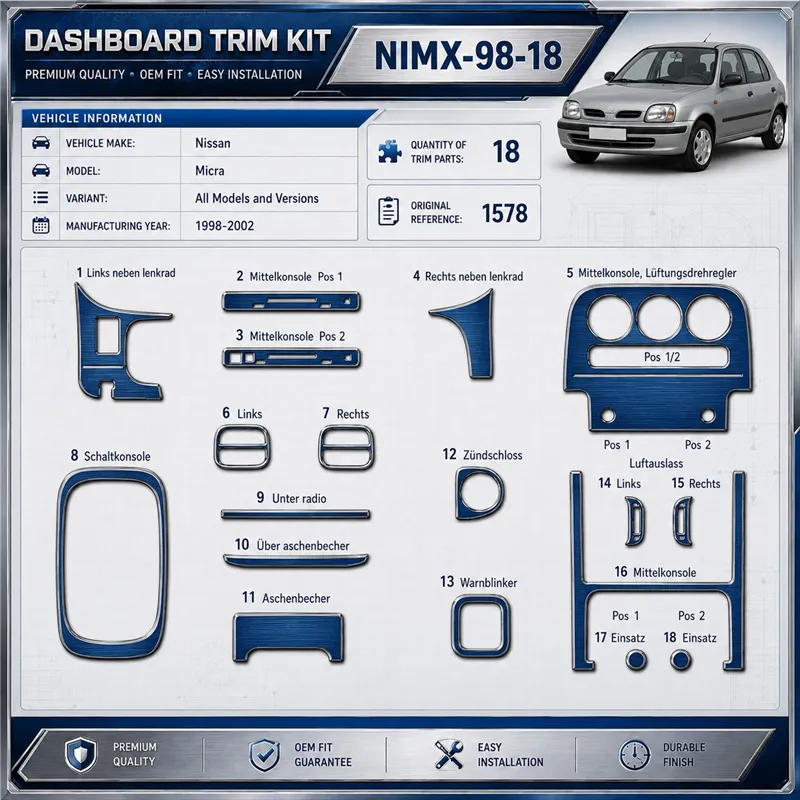Nissan Micra 1998-2002 3D kit décoration intérieure tableau de bord 18 pièces