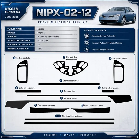 Nissan Primera 2002-2006 3D kit décoration intérieure tableau de bord 12 pièces