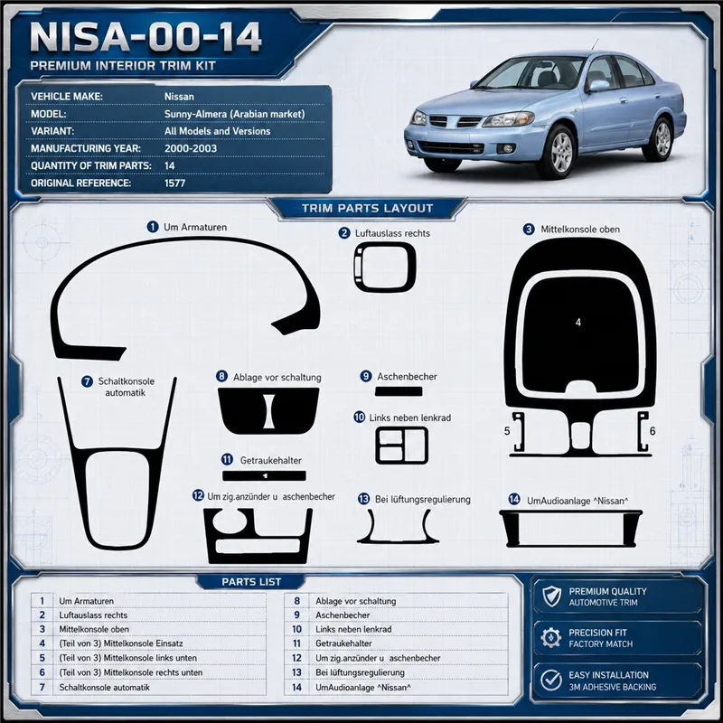 Nissan Sunny-Almera Arabian 2000-2003 3D kit décoration intérieure tableau de bord 14 pièces