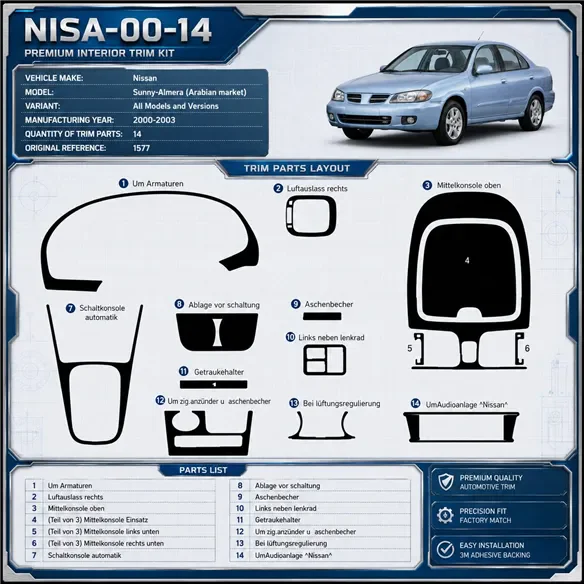 Nissan Sunny-Almera Arabian 2000-2003 3D kit décoration intérieure tableau de bord 14 pièces