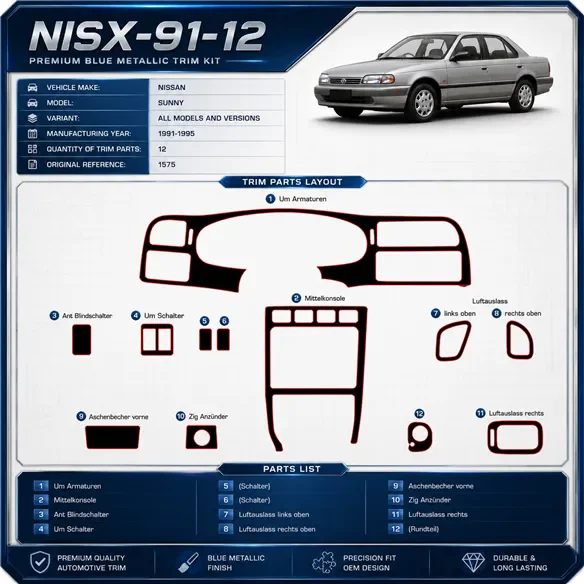 Nissan Sunny 1991-1995 3D kit décoration intérieure tableau de bord 12 pièces