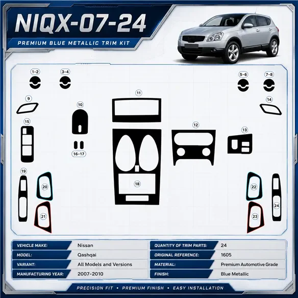 Nissan Qashqai 2007-2010 3D kit décoration intérieure tableau de bord 24 pièces