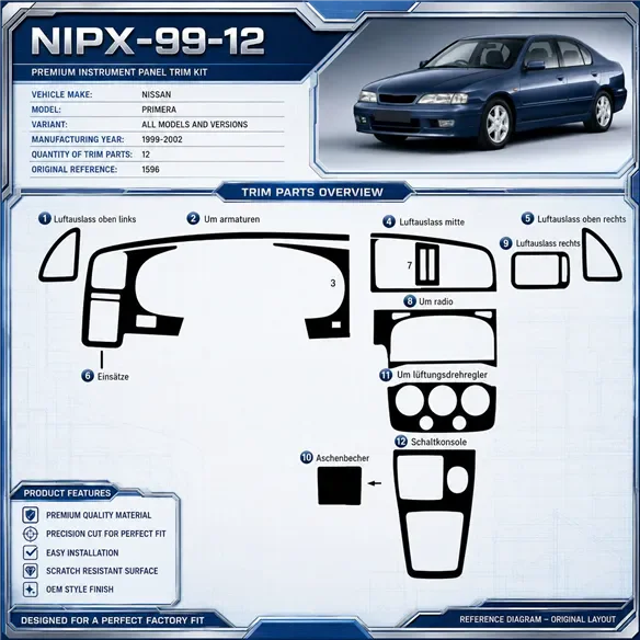 Nissan Primera 1999-2002 3D kit décoration intérieure tableau de bord 12 pièces