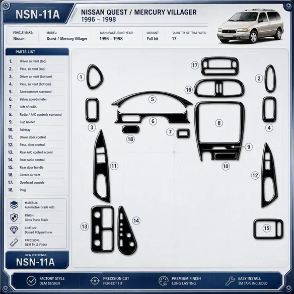 Nissan Quest 1996-1998 kit complet, 17 pièces kit décoration intérieure tableau de bord