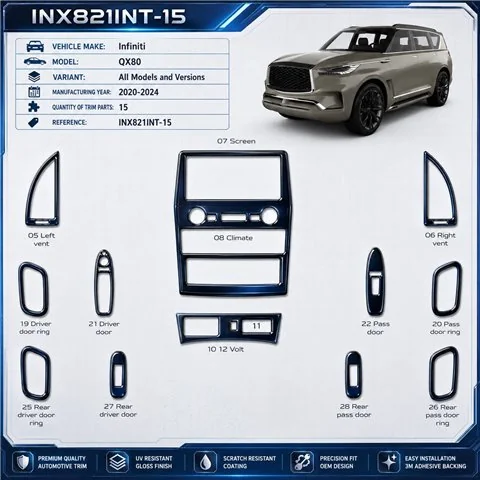 Infiniti QX80 2020-2024 kit décoration intérieure tableau de bord 15 pièces