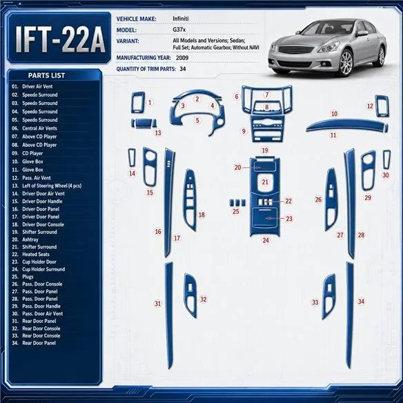 Infiniti G37x Sedan 2009-2009 kit complet, boîte automatique, sans navigation kit décoration intérieure tableau de bord
