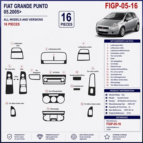 Fiat Grande Punto 2005+ kit décor tableau de bord 3D, 16 pièces 2