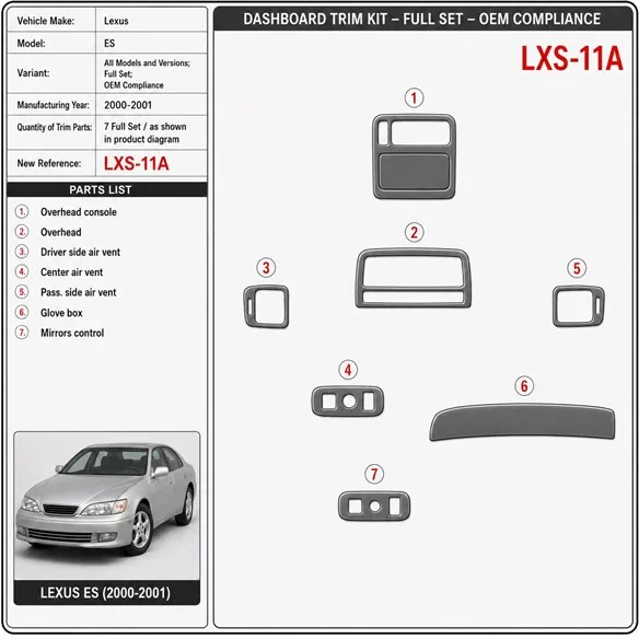 Lexus ES 2000-2001 kit complet, conformité OEM kit décoration intérieure tableau de bord