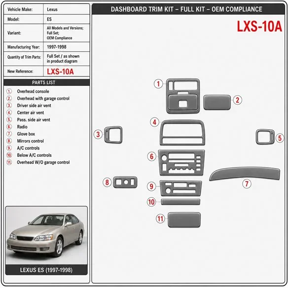 Lexus ES 1997-1998 kit complet, conformité OEM kit décoration intérieure tableau de bord