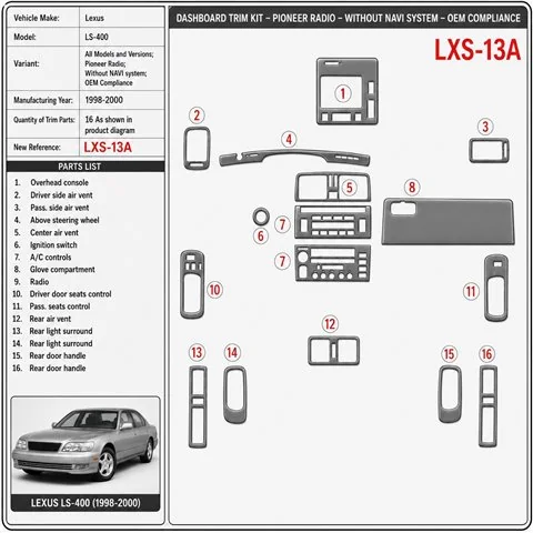 Lexus LS-400 1998-2000 Pioneer Radio, sans navigation system, conformité OEM kit décoration intérieure tableau de bord