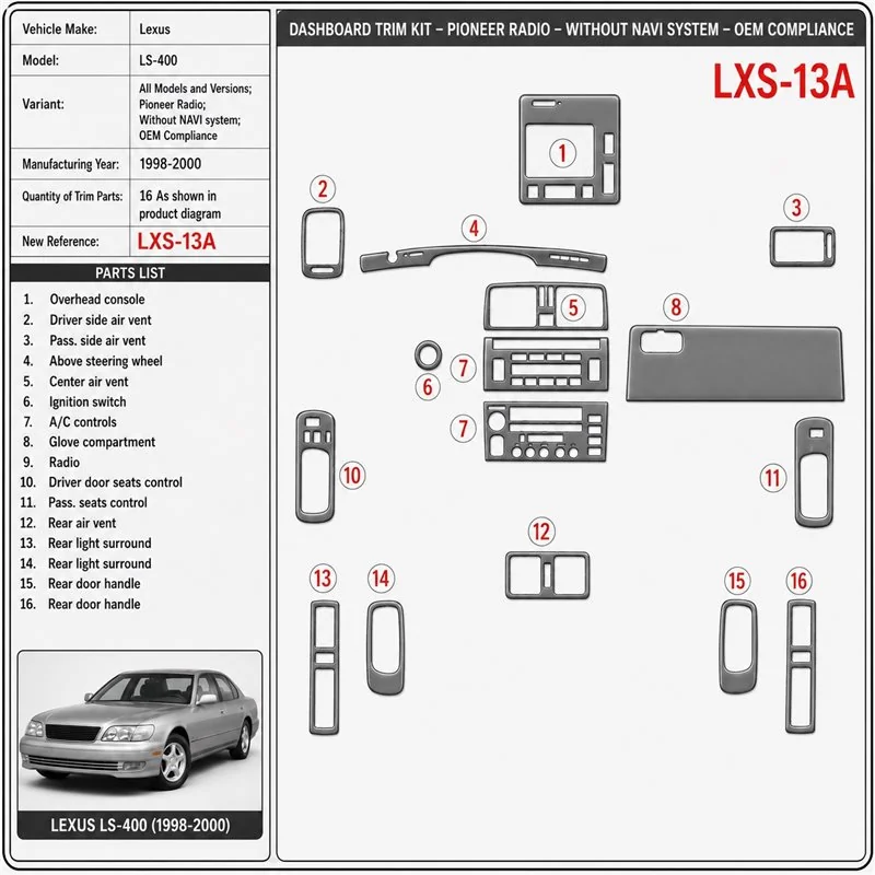 Lexus LS-400 1998-2000 Pioneer Radio, sans navigation system, conformité OEM kit décoration intérieure tableau de bord