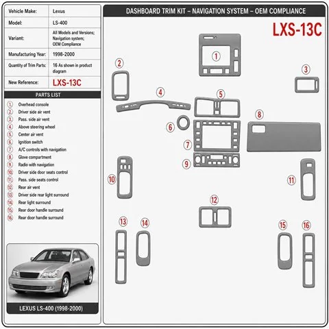 Lexus LS-400 1998-2000 Navigation system, conformité OEM kit décoration intérieure tableau de bord