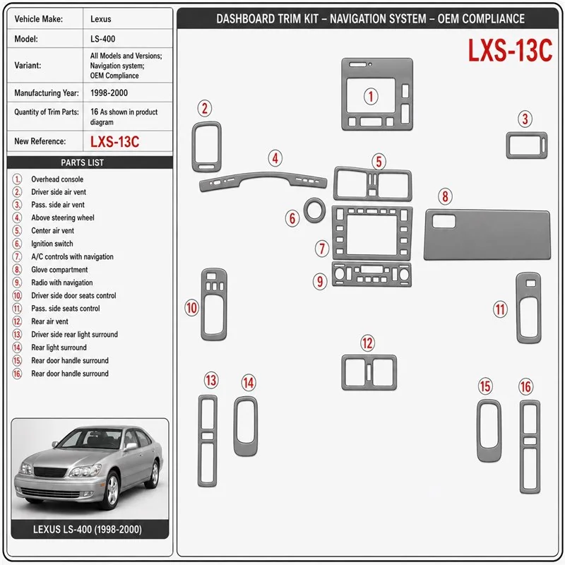 Lexus LS-400 1998-2000 Navigation system, conformité OEM kit décoration intérieure tableau de bord