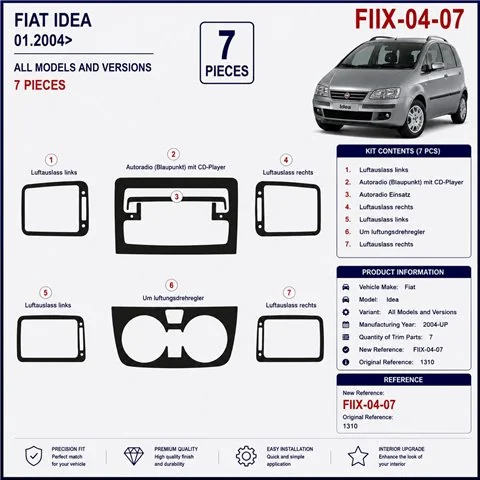 Fiat Idea 2004+ kit décor tableau de bord 3D, 7 pièces 2