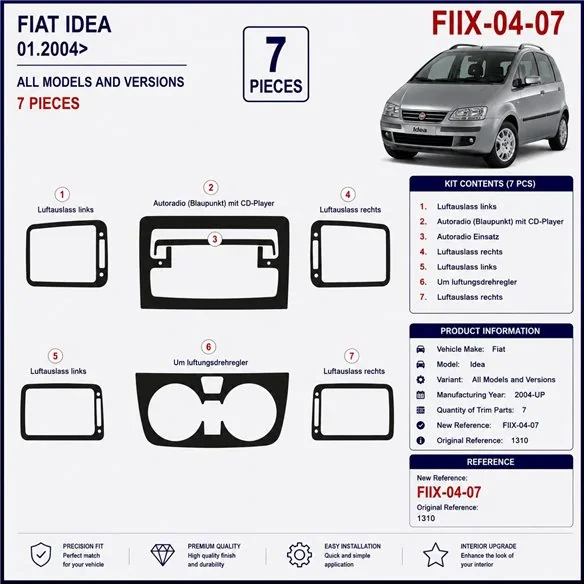 Fiat Idea 2004+ kit décor tableau de bord 3D, 7 pièces
