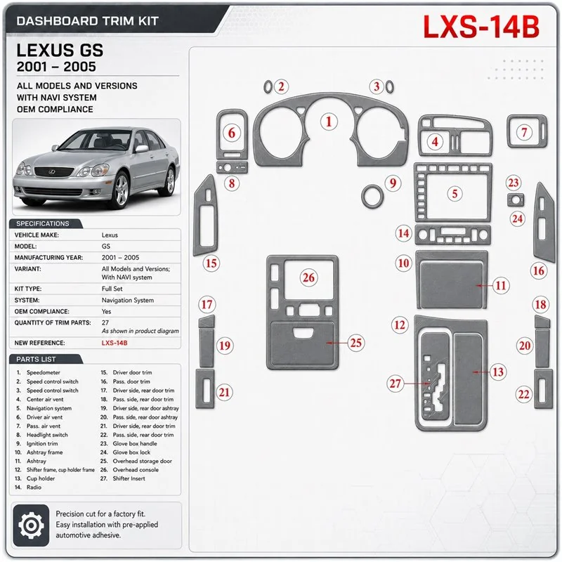 Lexus GS 2001-2005 avec navigation system, conformité OEM kit décoration intérieure tableau de bord