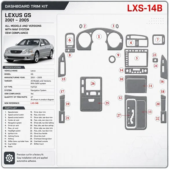 Lexus GS 2001-2005 avec navigation system, conformité OEM kit décoration intérieure tableau de bord
