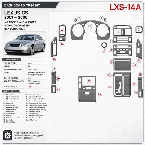 Lexus GS 2001-2005 sans navigation system, conformité OEM kit décoration intérieure tableau de bord