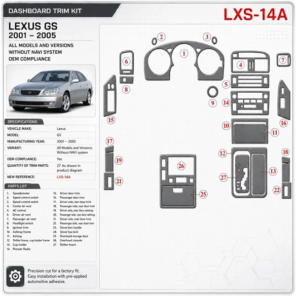 Lexus GS 2001-2005 sans navigation system, conformité OEM kit décoration intérieure tableau de bord