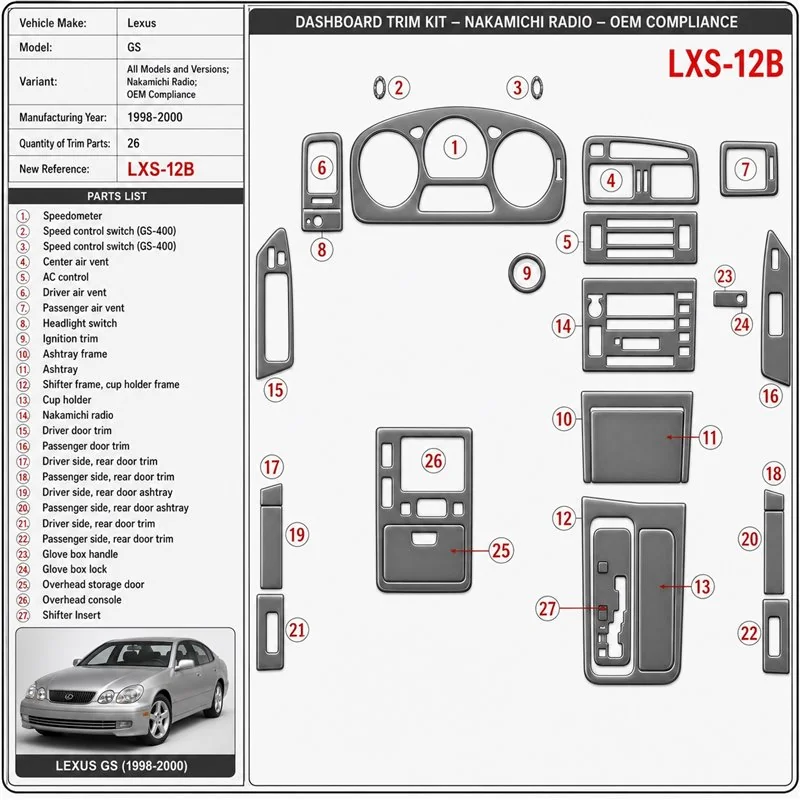 Lexus GS 1998-2000 Nakamichi Radio, conformité OEM, 26 pièces kit décoration intérieure tableau de bord