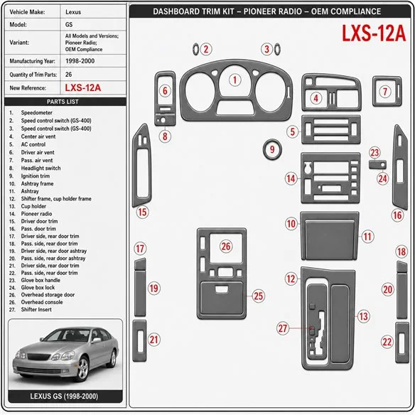 Lexus GS 1998-2000 Pioneer Radio, conformité OEM,26 pièces kit décoration intérieure tableau de bord
