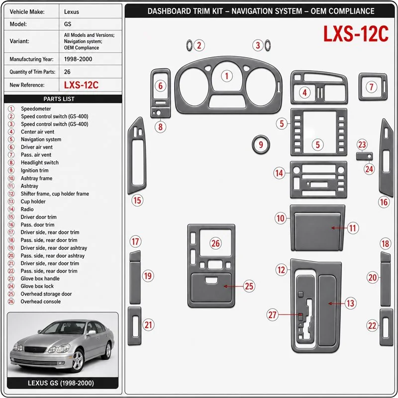 Lexus GS 1998-2000 Navigation system, conformité OEM, 26 pièces kit décoration intérieure tableau de bord