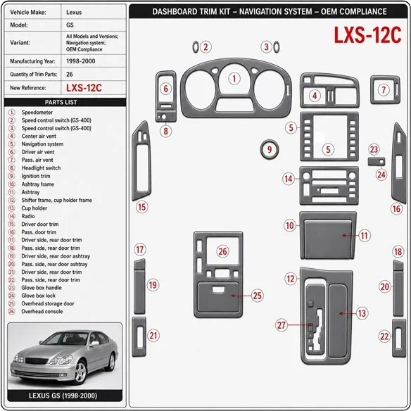 Lexus GS 1998-2000 Navigation system, conformité OEM, 26 pièces kit décoration intérieure tableau de bord