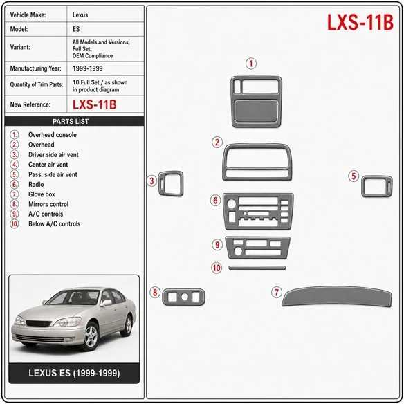 Lexus ES 1999-1999 kit complet, conformité OEM kit décoration intérieure tableau de bord