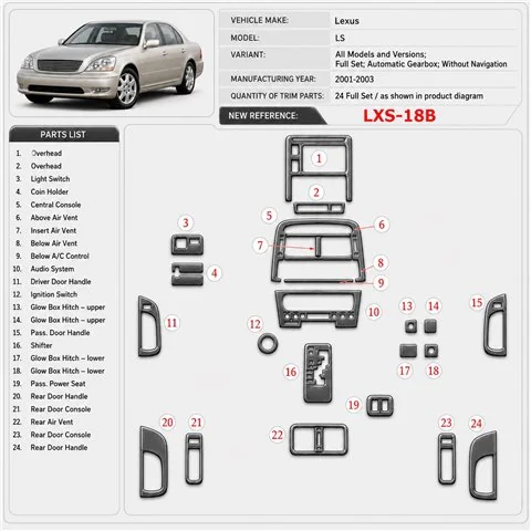 Lexus LS 2001-2003 kit complet, boîte automatique, sans Navigation kit décoration intérieure tableau de bord