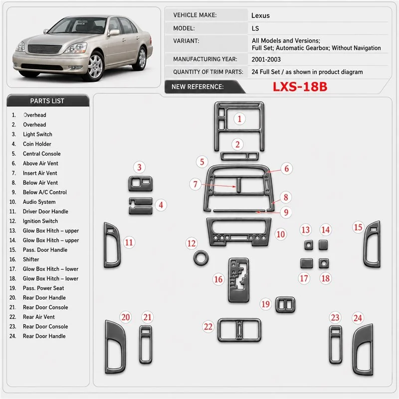 Lexus LS 2001-2003 kit complet, boîte automatique, sans Navigation kit décoration intérieure tableau de bord