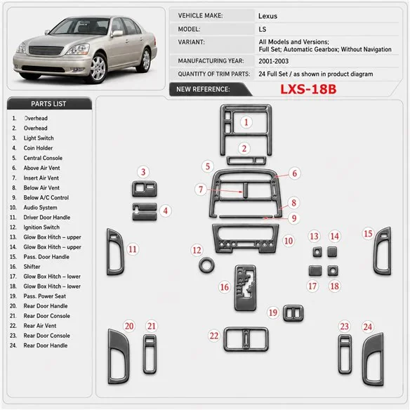 Lexus LS 2001-2003 kit complet, boîte automatique, sans Navigation kit décoration intérieure tableau de bord