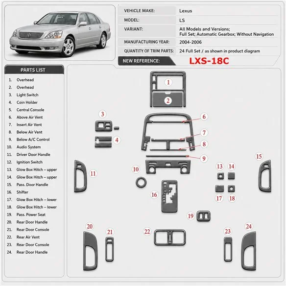 Lexus LS 2004-2006 kit complet, boîte automatique, sans Navigation kit décoration intérieure tableau de bord