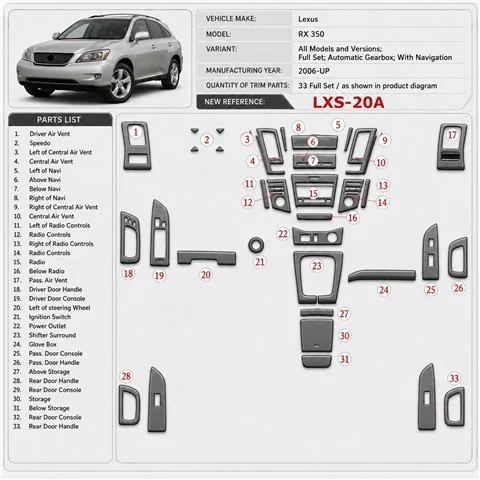 Lexus RX 350 2006 - à aujourd’hui kit complet, boîte automatique, avec Navigation kit décoration intérieure tableau de bord