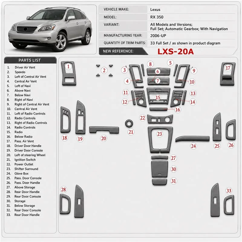 Lexus RX 350 2006 - à aujourd’hui kit complet, boîte automatique, avec Navigation kit décoration intérieure tableau de bord