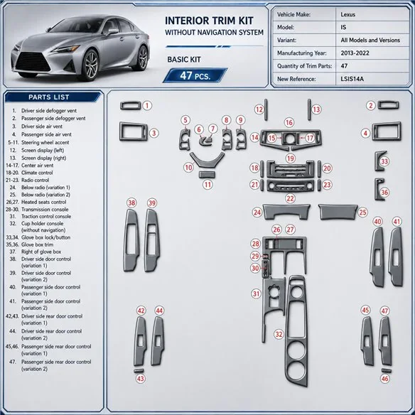 Lexus IS 2013-2022 3D kit décoration intérieure tableau de bord 47 pièces