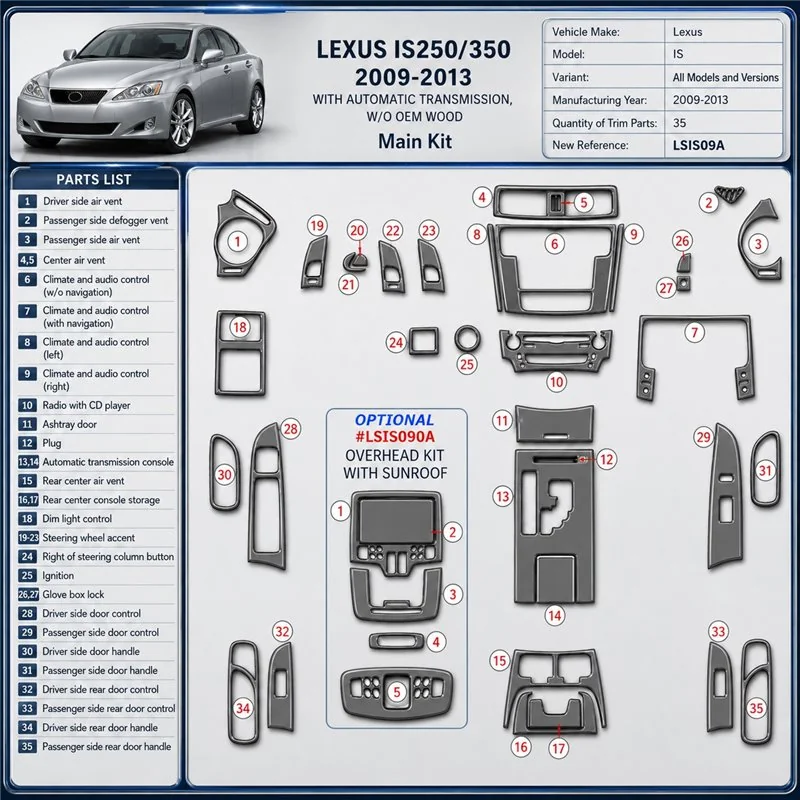 Lexus IS 2009-2013 3D kit décoration intérieure tableau de bord 35 pièces
