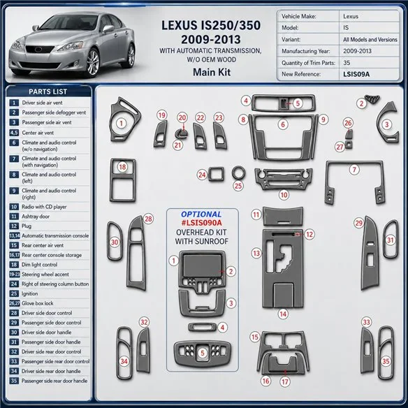 Lexus IS 2009-2013 3D kit décoration intérieure tableau de bord 35 pièces