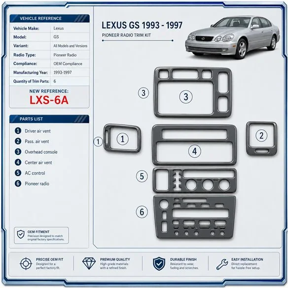 Lexus GS 1993-1997 Pioneer Radio, conformité OEM, 6 pièces kit décoration intérieure tableau de bord