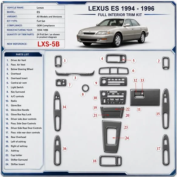 Lexus ES 1994-1996 kit complet, conformité OEM kit décoration intérieure tableau de bord