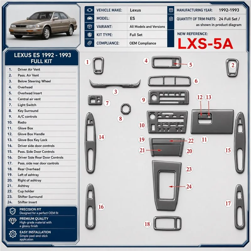 Lexus ES 1992-1993 kit complet, conformité OEM kit décoration intérieure tableau de bord