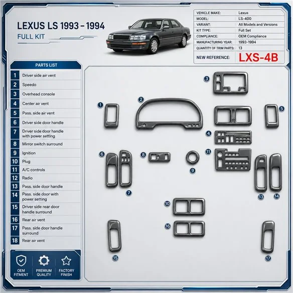 Lexus LS-400 1993-1994 kit complet, conformité OEM, 13 pièces kit décoration intérieure tableau de bord