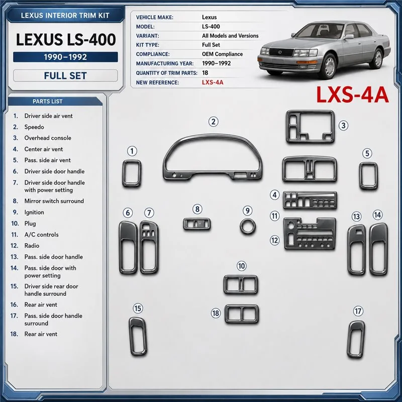 Lexus LS-400 1990-1992 kit complet, conformité OEM, 18 pièces kit décoration intérieure tableau de bord
