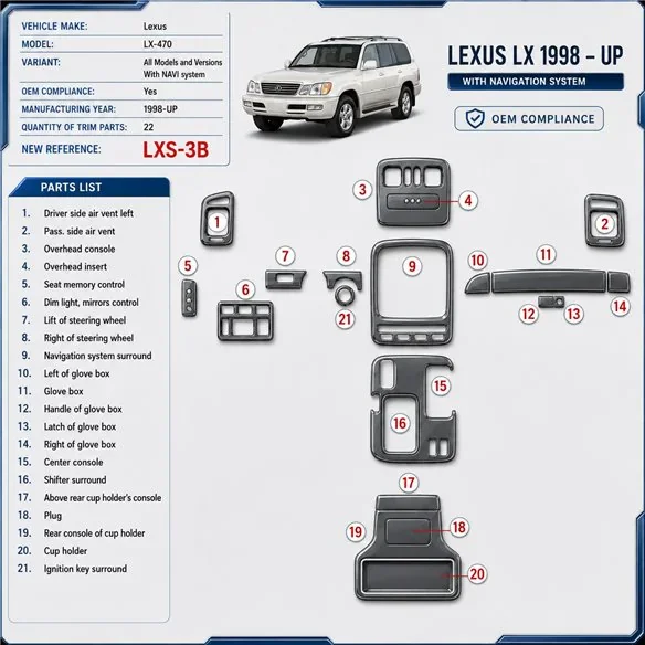Lexus LX-470 1998 - à aujourd’hui avec navigation system, 22 pièces conformité OEM kit décoration intérieure tableau de bord