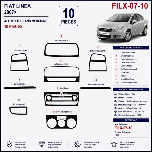 Fiat Linea 2007+ kit décor tableau de bord 3D, 10 pièces