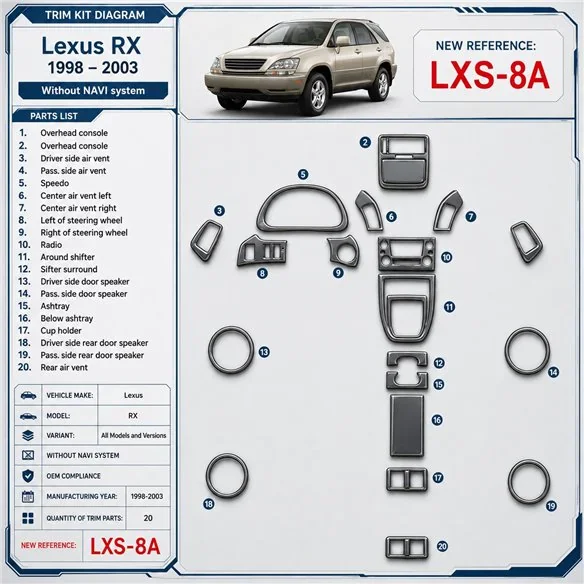 Lexus RX 1998-2003 sans navigation system, conformité OEM, 20 pièces kit décoration intérieure tableau de bord