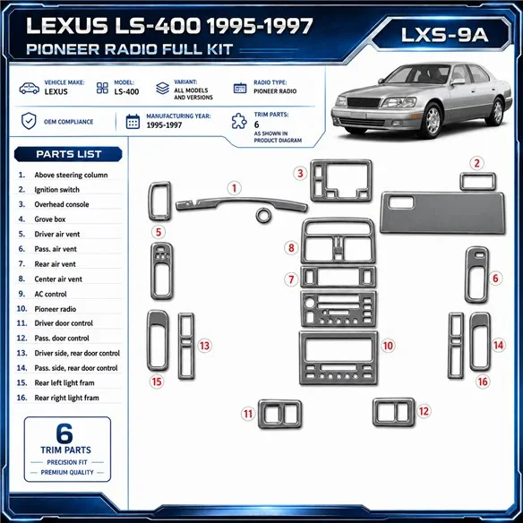Lexus LS-400 1995-1997 Pioneer Radio, conformité OEM, 6 pièces kit décoration intérieure tableau de bord